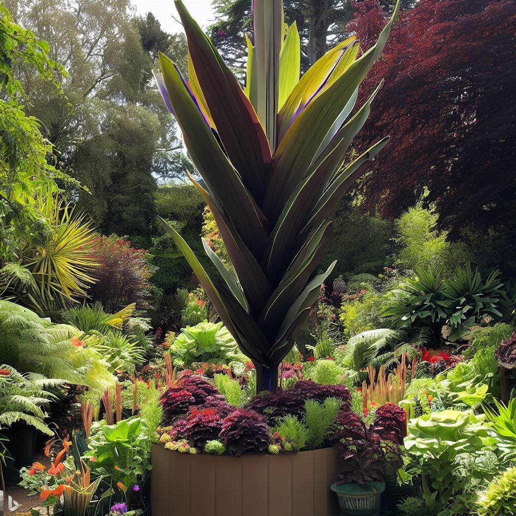 Large container garden with a tall focal point plant surrounded by shorter plants