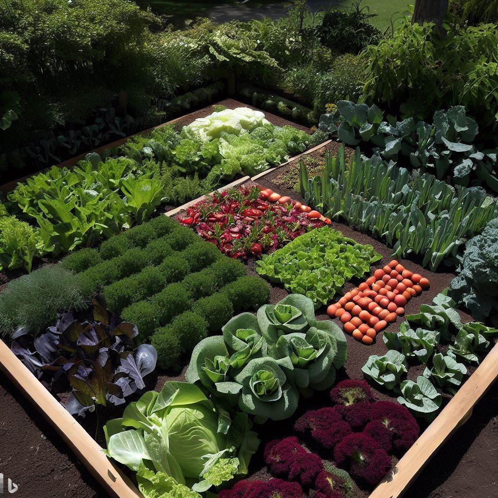 Square foot vegetable garden with different vegetables in each section

