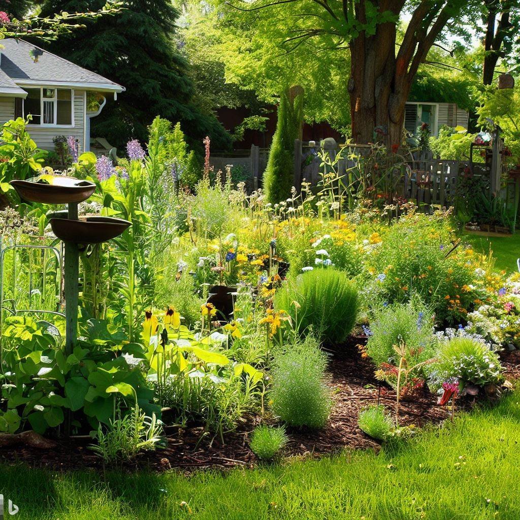 Small garden with native plants, a birdbath, and a bird feeder, attracting birds and butterflies