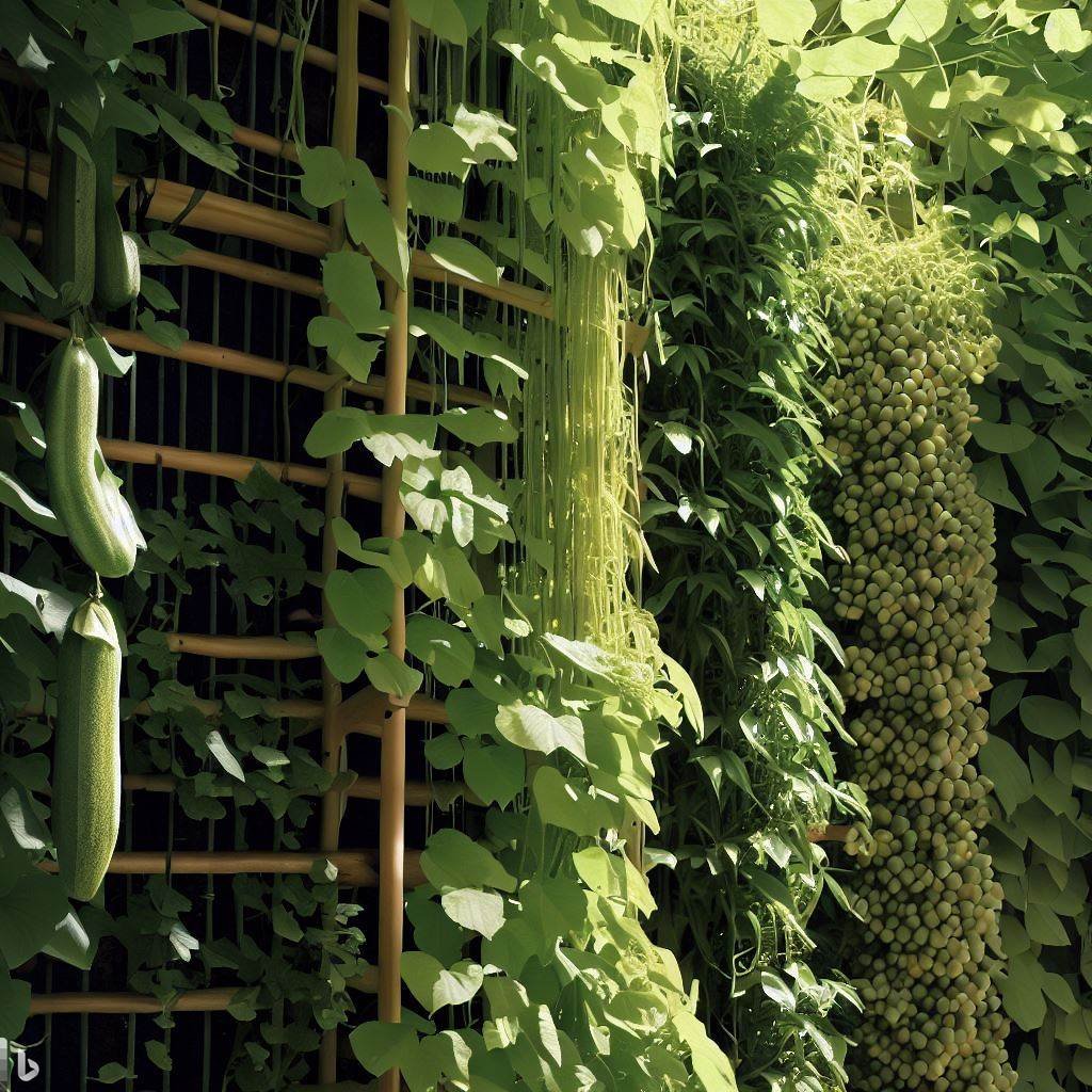 Vertical vegetable garden with climbing beans and cucumbers on trellises