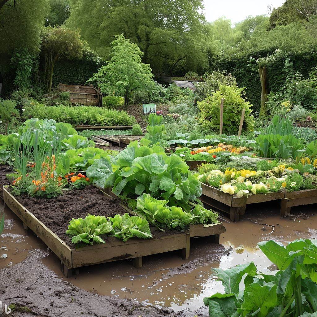 A waterlogged vegetable garden with raised flowerbeds 