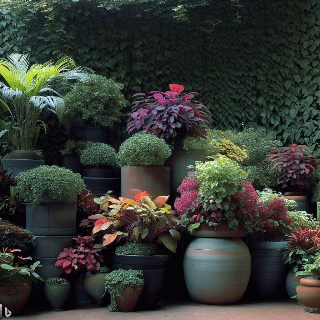 A group of large containers with varying plants, sizes, and colors