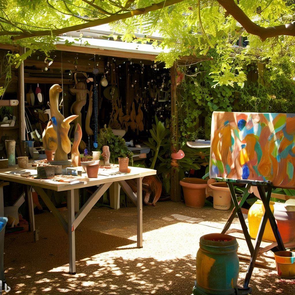 Outdoor art studio in a small garden with a shaded worktable, art supplies, and colorful sculptures