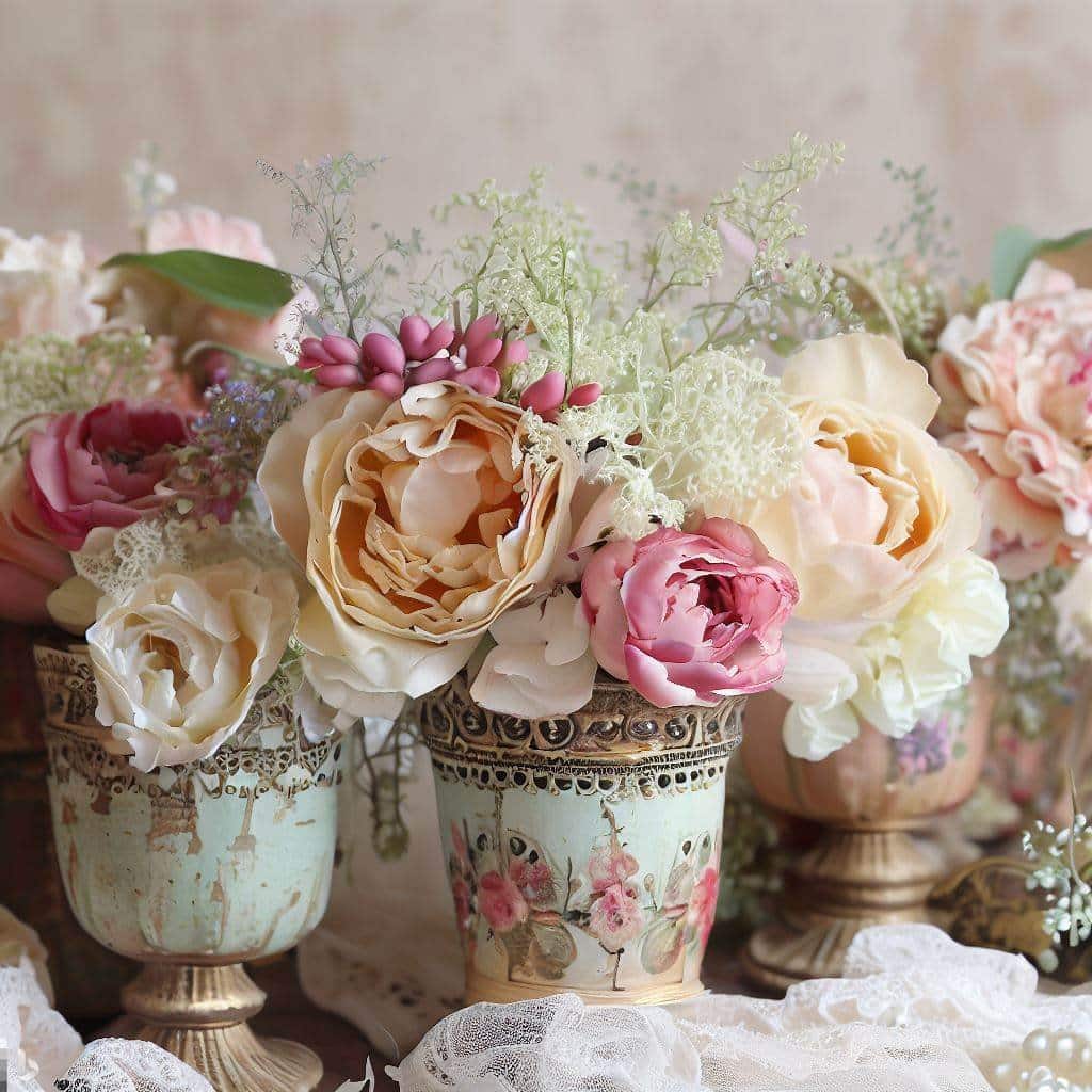 Vintage-style floral arrangements in antique containers with lace and pearls