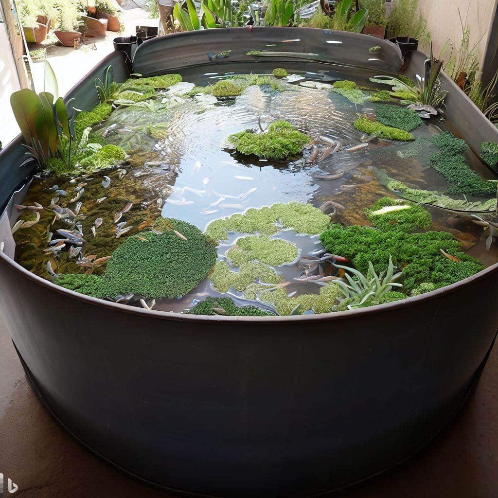 Large container transformed into a water garden with aquatic plants and small fish
