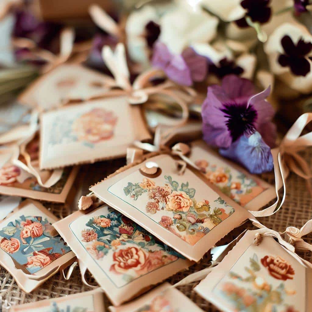 Wedding favors with seed packets of vintage flowers