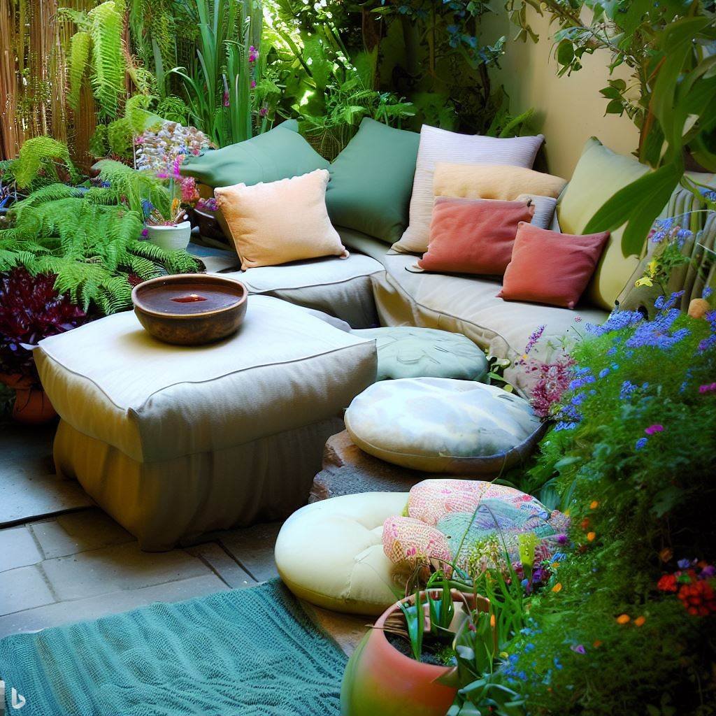 Cozy seating area with cushions and a small water feature in a tranquil small garden with soothing colors and fragrant plants