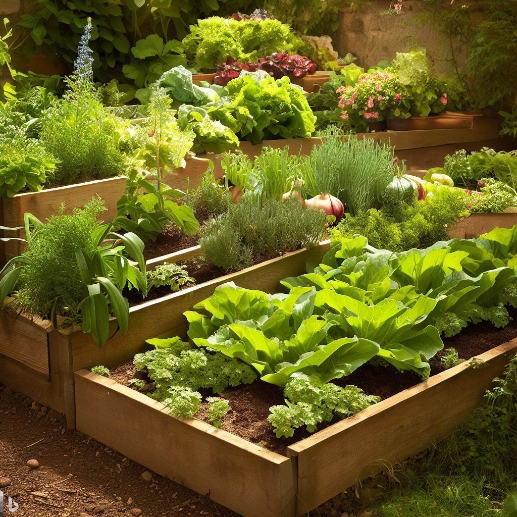 Raised beds in a small edible garden with vegetables and herbs