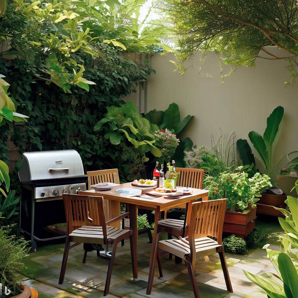 Outdoor dining area with a table, chairs, and a grill in a small garden with low-maintenance plants